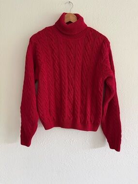 Vintage Cotton Red Cable Knit Turtleneck Sweater